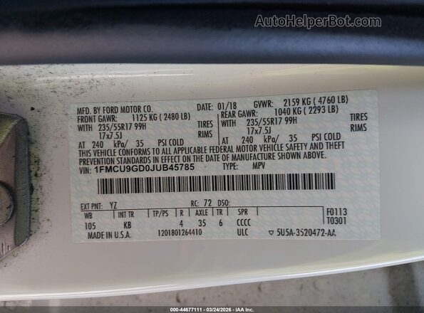 1FMCU9GD0JUB45785 2018 FORD ESCAPE White Շարժիչի բաժամունքի տեսք