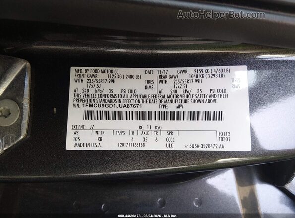 1FMCU9GD1JUA87671 2018 FORD ESCAPE Gray Engine compartment view