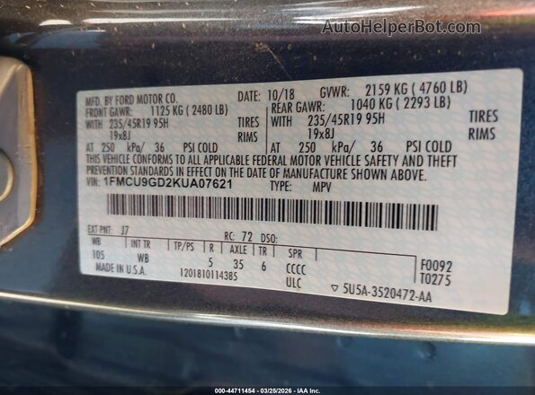 1FMCU9GD2KUA07621 2019 FORD ESCAPE Gray Widok komory silnika
