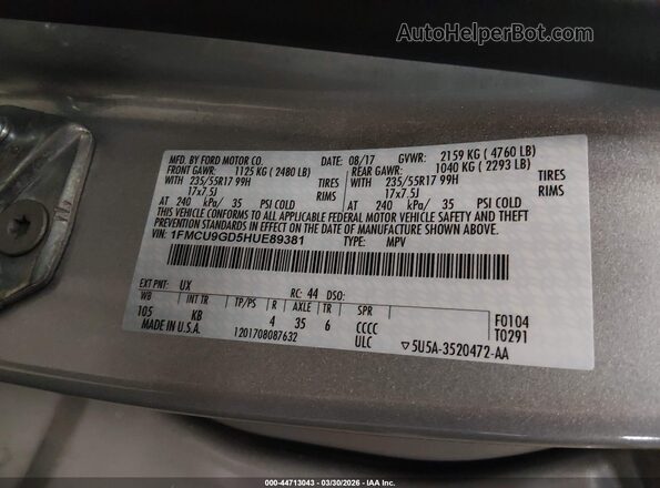 1FMCU9GD5HUE89381 2017 FORD ESCAPE Silver Вид підкапотного простору