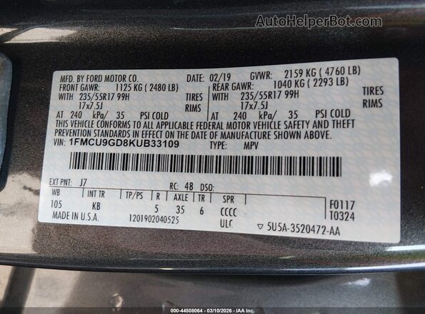 1FMCU9GD8KUB33109 2019 FORD ESCAPE Gray Вид підкапотного простору