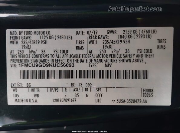 1FMCU9GD9KUC56093 2019 FORD ESCAPE Blue 