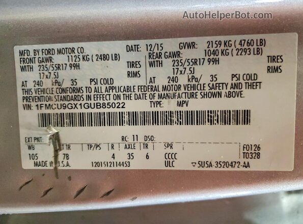 1FMCU9GX1GUB85022 2016 FORD ESCAPE Silver 