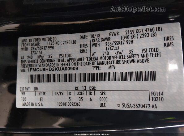 1FMCU9HD2KUA00909 2019 FORD ESCAPE Black Engine compartment view