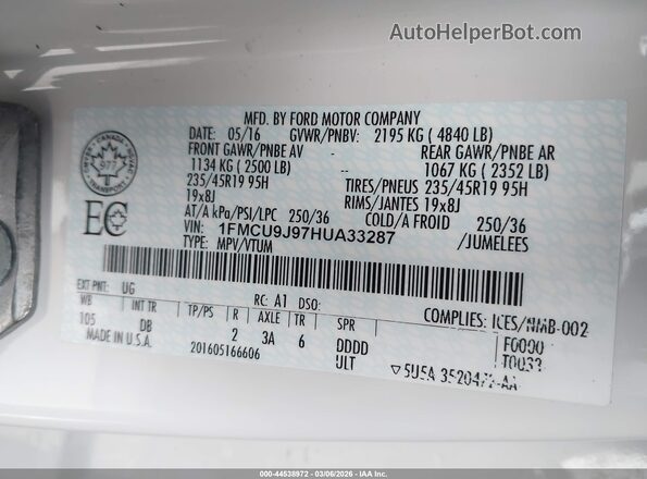 1FMCU9J97HUA33287 2017 FORD ESCAPE White 