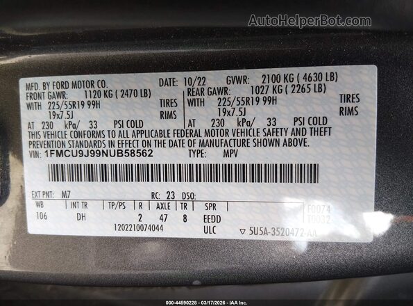 1FMCU9J99NUB58562 2022 FORD ESCAPE Gray Engine compartment view