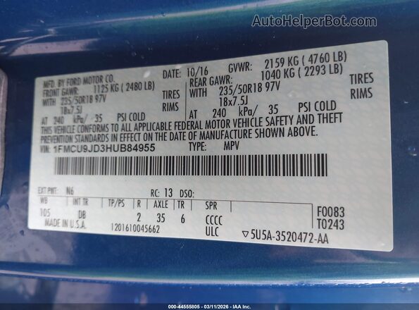 1FMCU9JD3HUB84955 2017 FORD ESCAPE Blue ძრავის განყოფილების ხედი
