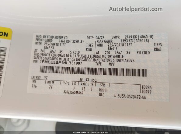 1FMEE5BP1NLB31907 2022 FORD BRONCO White Engine compartment view