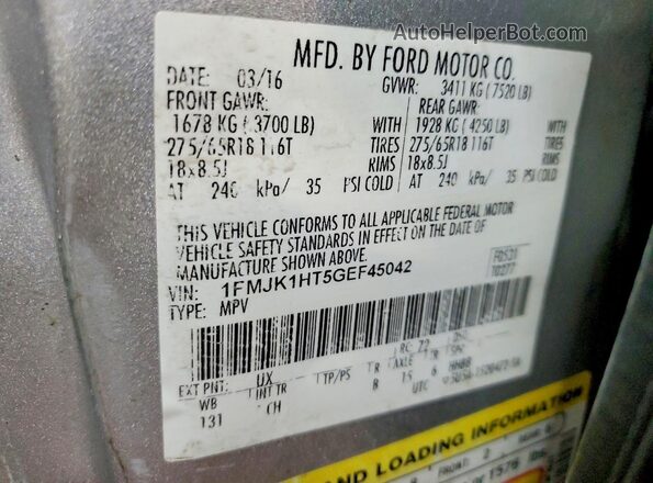 1FMJK1HT5GEF45042 2016 FORD EXPEDITION Silver Вид наклейки з VIN-кодом