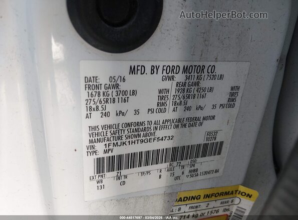 1FMJK1HT9GEF54732 2016 FORD EXPEDITION EL White ძრავის განყოფილების ხედი