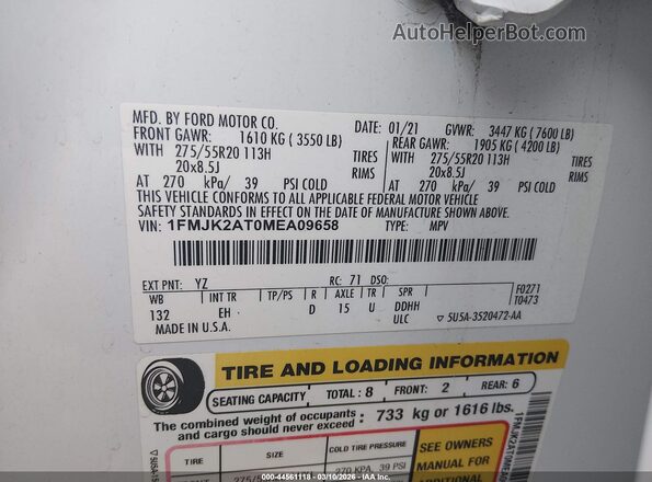 1FMJK2AT0MEA09658 2021 FORD EXPEDITION White Вид підкапотного простору