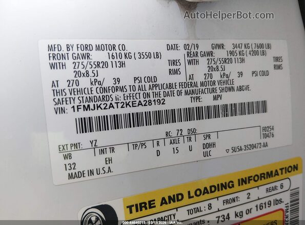 1FMJK2AT2KEA28192 2019 FORD EXPEDITION MAX Белый Вид подкапотного пространства