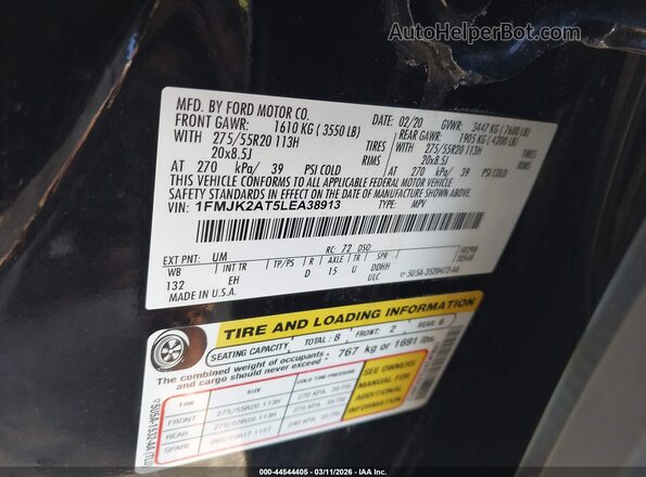 1FMJK2AT5LEA38913 2020 FORD EXPEDITION Black Vista del compartimento del motor