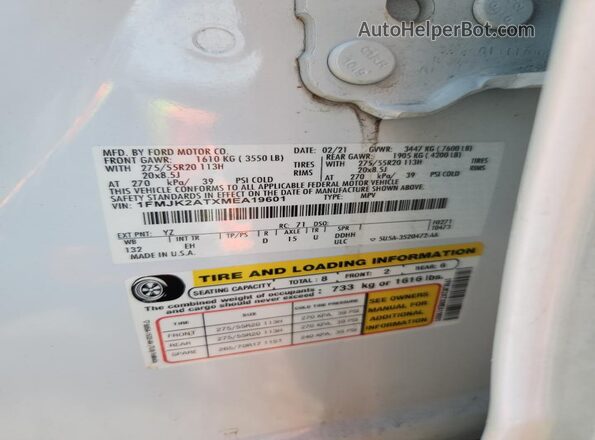 1FMJK2ATXMEA19601 2021 FORD EXPEDITION White VIN կոդի պիտակի տեսք