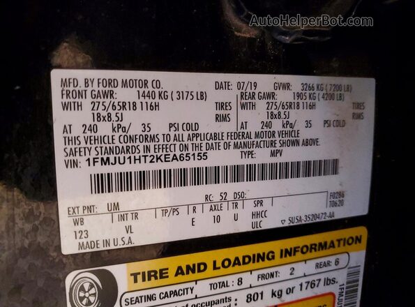 1FMJU1HT2KEA65155 2019 FORD EXPEDITION Black Vista de la etiqueta del VIN