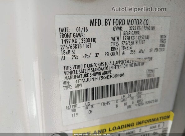 1FMJU1HT5GEF30986 2016 FORD EXPEDITION White Vista del compartimento del motor