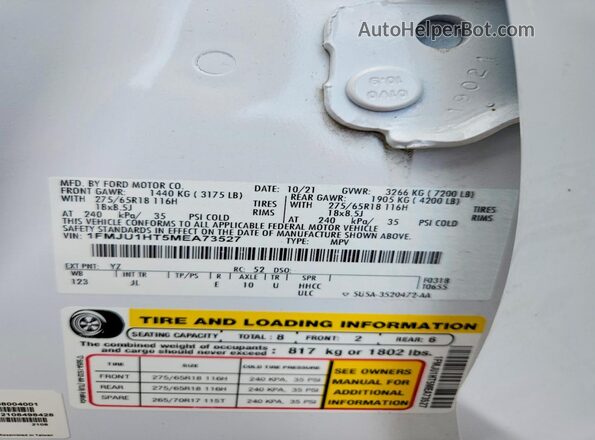 1FMJU1HT5MEA73527 2021 FORD EXPEDITION White VIN sticker view