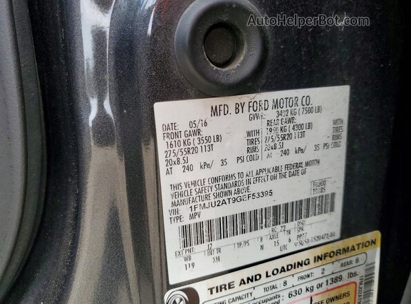 1FMJU2AT9GEF53395 2016 FORD EXPEDITION Gray Widok naklejki z numerem VIN