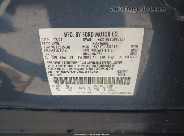 1FMSK7DH2MGB15249 2021 FORD FORD EXPLORER Gray Вид підкапотного простору