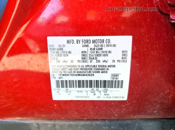 1FMSK7DH2MGB43620 2021 FORD FORD EXPLORER Red Вид наклейки з VIN-кодом