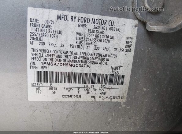 1FMSK7DH5MGC34736 2021 FORD FORD EXPLORER Gray Engine compartment view