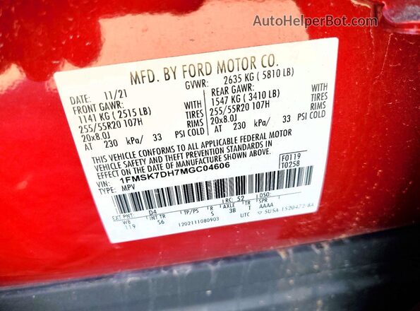 1FMSK7DH7MGC04606 2021 FORD FORD EXPLORER Красный Вид наклейки с VIN-кодом