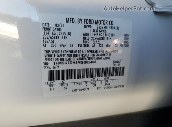 1FMSK7DH8MGB02408 2021 FORD FORD EXPLORER White VIN կոդի պիտակի տեսք