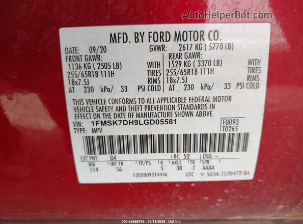 1FMSK7DH9LGD05581 2020 FORD FORD EXPLORER Red ძრავის განყოფილების ხედი