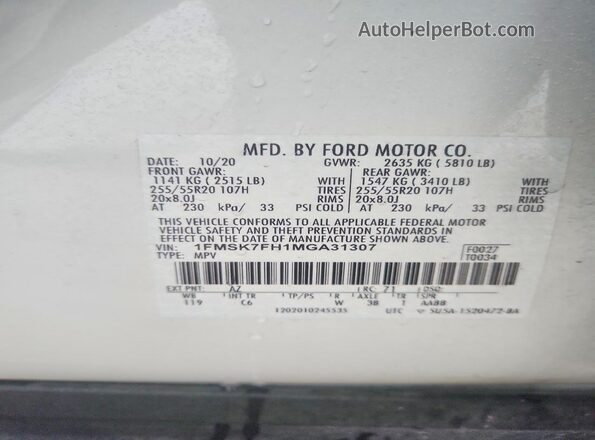 1FMSK7FH1MGA31307 2021 FORD FORD EXPLORER White Widok wnętrza 360 stopni