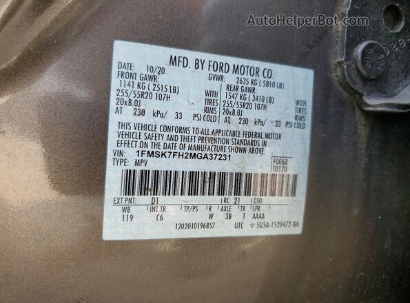 1FMSK7FH2MGA37231 2021 FORD FORD EXPLORER Brown VIN sticker view