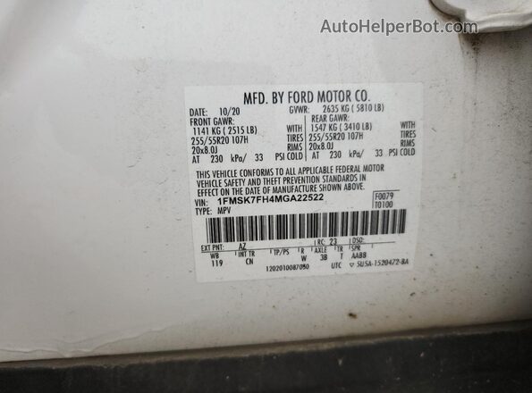 1FMSK7FH4MGA22522 2021 FORD FORD EXPLORER Белый Вид наклейки с VIN-кодом