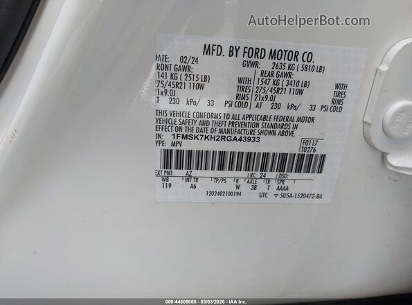 1FMSK7KH2RGA43933 2024 FORD FORD EXPLORER White Vista del compartimento del motor