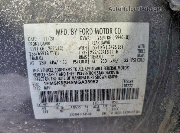 1FMSK8BH5MGA38952 2021 FORD FORD EXPLORER Gray VIN sticker view