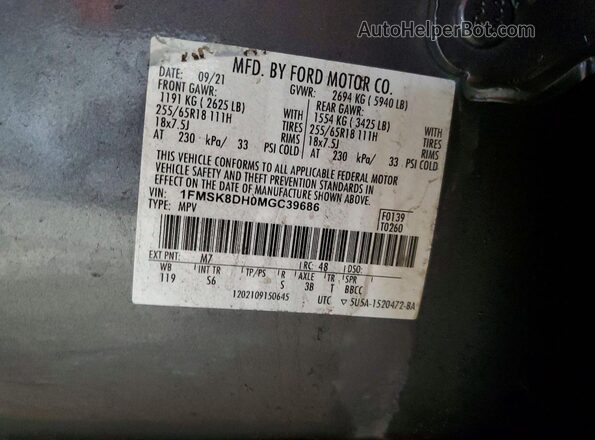 1FMSK8DH0MGC39686 2021 FORD FORD EXPLORER Gray Vista de la etiqueta del VIN