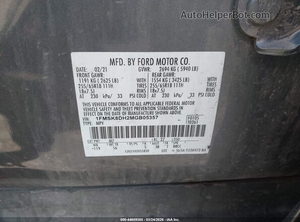 1FMSK8DH2MGB05357 2021 FORD FORD EXPLORER Gray ძრავის განყოფილების ხედი