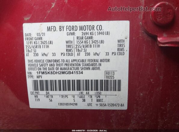 1FMSK8DH2MGB41534 2021 FORD FORD EXPLORER Red ძრავის განყოფილების ხედი