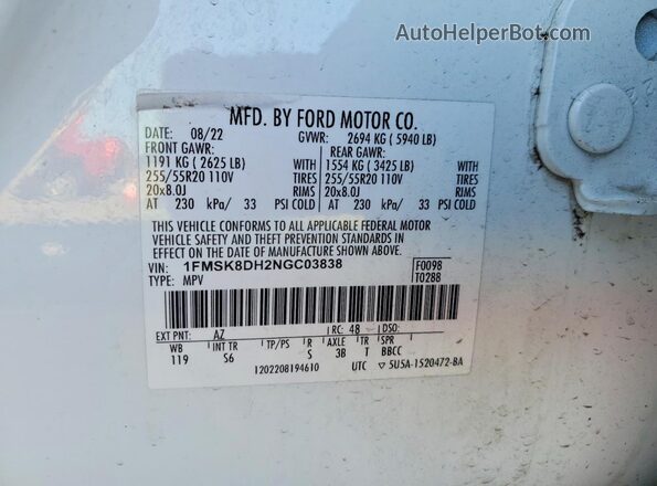1FMSK8DH2NGC03838 2022 FORD FORD EXPLORER White Vista interior de 360 grados