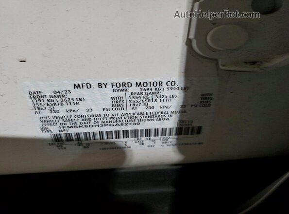 1FMSK8DH3PGA82739 2023 FORD FORD EXPLORER White VIN կոդի պիտակի տեսք