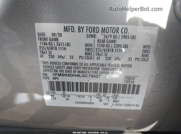 1FMSK8DH4LGC76027 2020 FORD FORD EXPLORER Silver Widok komory silnika
