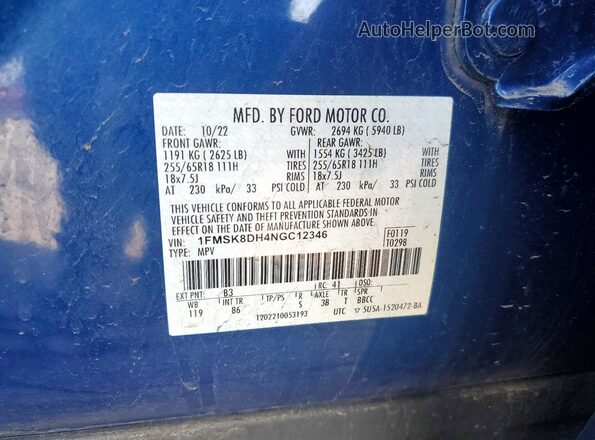 1FMSK8DH4NGC12346 2022 FORD FORD EXPLORER Blue VIN sticker view