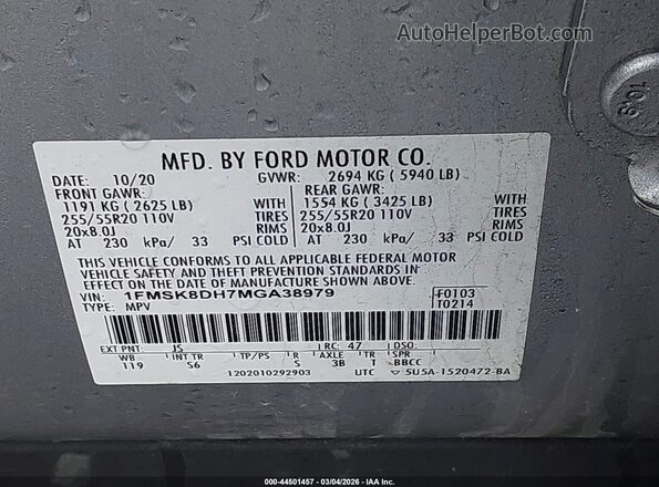 1FMSK8DH7MGA38979 2021 FORD FORD EXPLORER Silver 