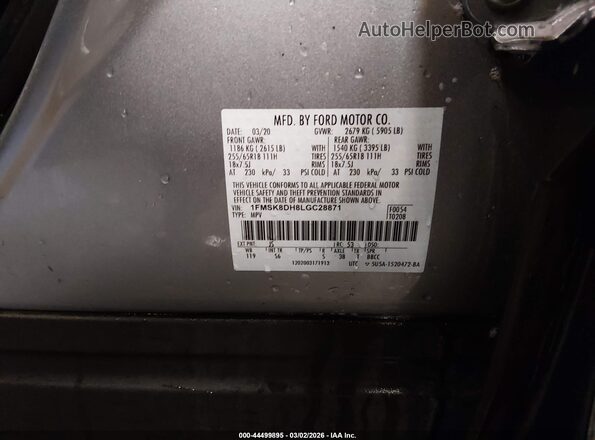1FMSK8DH8LGC28871 2020 FORD FORD EXPLORER Silver Vista del compartimento del motor