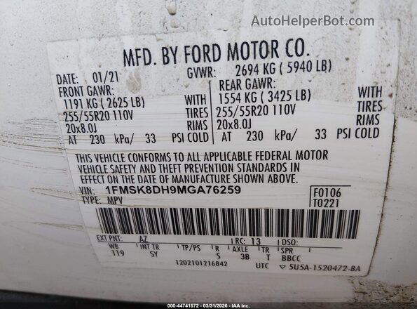 1FMSK8DH9MGA76259 2021 FORD FORD EXPLORER White Вид підкапотного простору