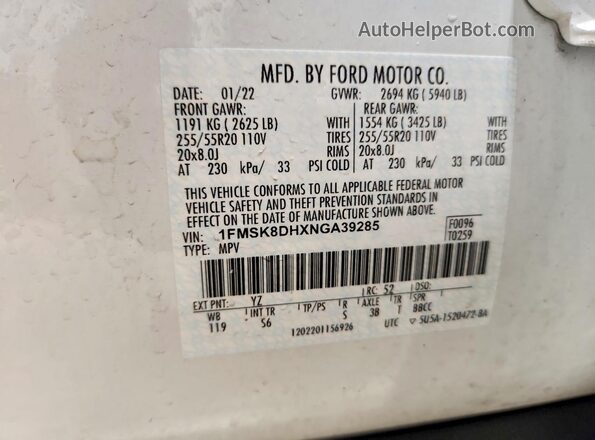 1FMSK8DHXNGA39285 2022 FORD FORD EXPLORER White VIN კოდის სტიკერის ხედი