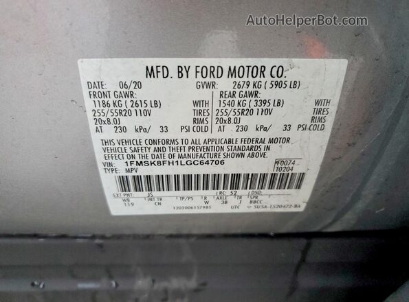 1FMSK8FH1LGC64706 2020 FORD FORD EXPLORER Silver Widok wnętrza 360 stopni
