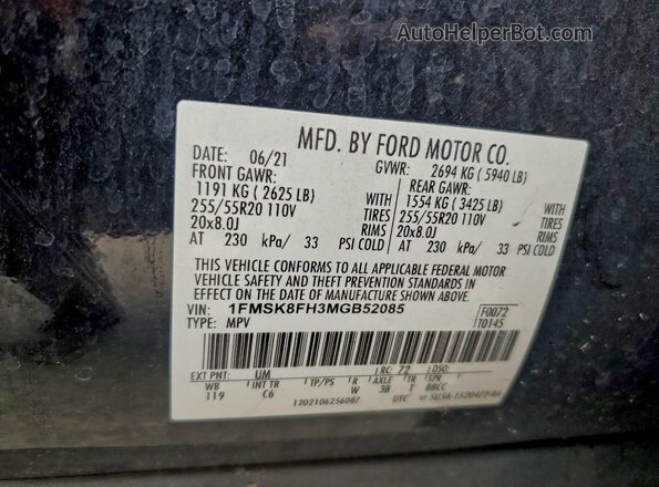 1FMSK8FH3MGB52085 2021 FORD FORD EXPLORER Black Вид наклейки з VIN-кодом