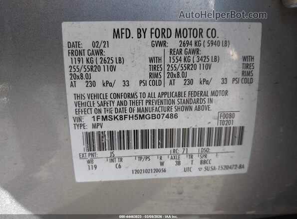 1FMSK8FH5MGB07486 2021 FORD FORD EXPLORER Silver ძრავის განყოფილების ხედი