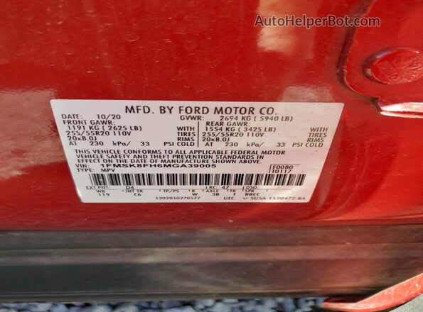 1FMSK8FH6MGA39005 2021 FORD FORD EXPLORER Темно-бордовый Вид наклейки с VIN-кодом