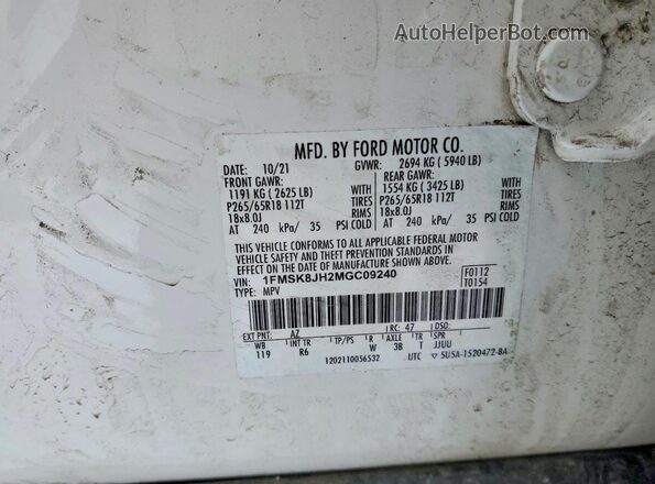 1FMSK8JH2MGC09240 2021 FORD FORD EXPLORER White VIN კოდის სტიკერის ხედი