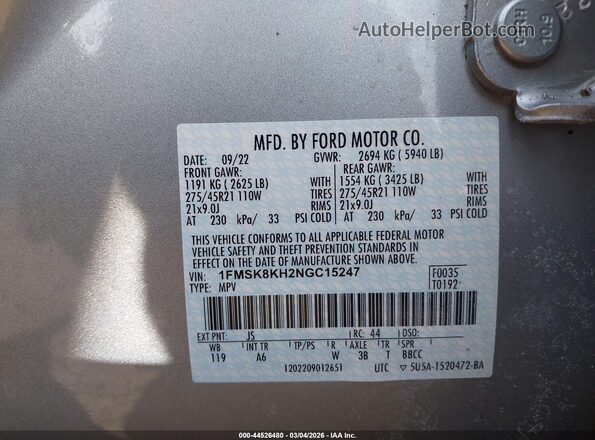 1FMSK8KH2NGC15247 2022 FORD FORD EXPLORER Silver 